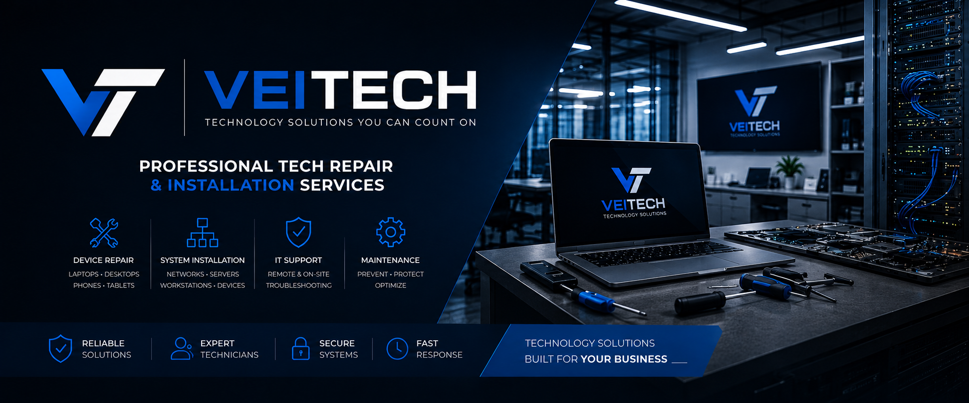 Modern technology workspace with servers and repair equipment